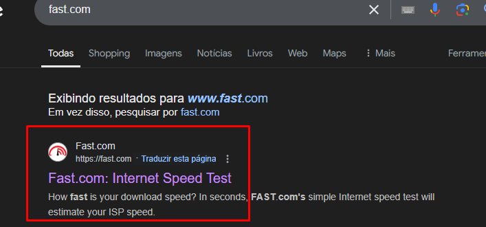 Pesquisa pelo site fast.com